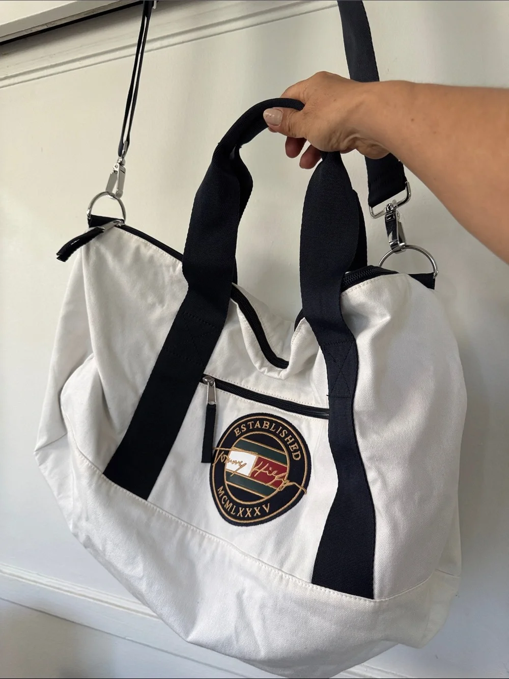 Tommy Hilfiger White Canvas Duffel with Black Straps and Signature Patch